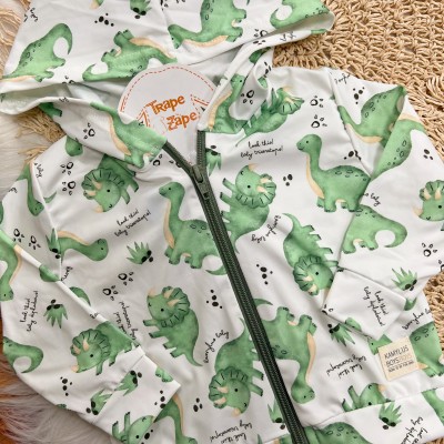Conj. Jaqueta Xadrez Dinossauros e Calça em Malha Térmica - Off White e Verde